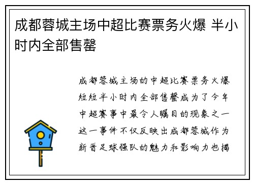 成都蓉城主场中超比赛票务火爆 半小时内全部售罄